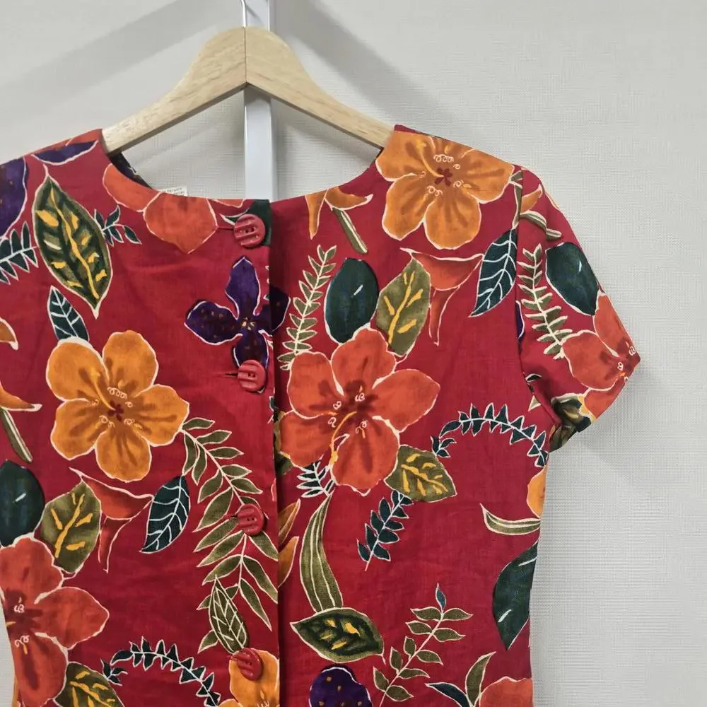 Vintage Liz Claiborne Petite Floral Linen Dress - Vibrant Red Floral - Picture 6 of 6